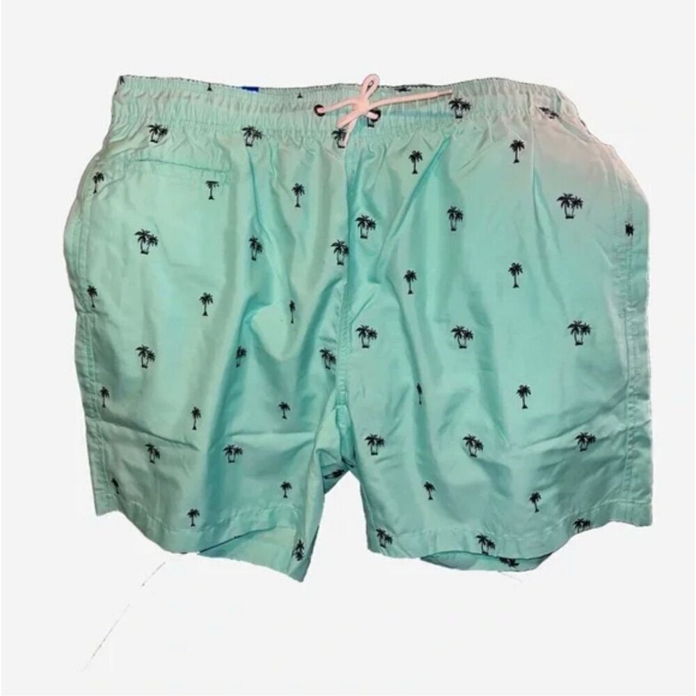 Surf Style Aruba Blue 7” Sand Swim Short with Navy Embroidered Palm Trees Size L